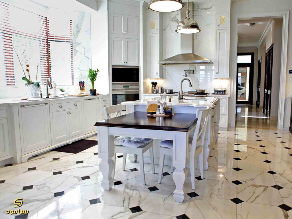 سنگ کف آشپزخانه رنگ روشن مربعی مشکی و سفید