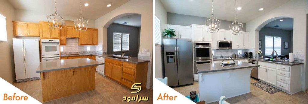 قبل و بعد بازسازی آشپزخانه کوچک