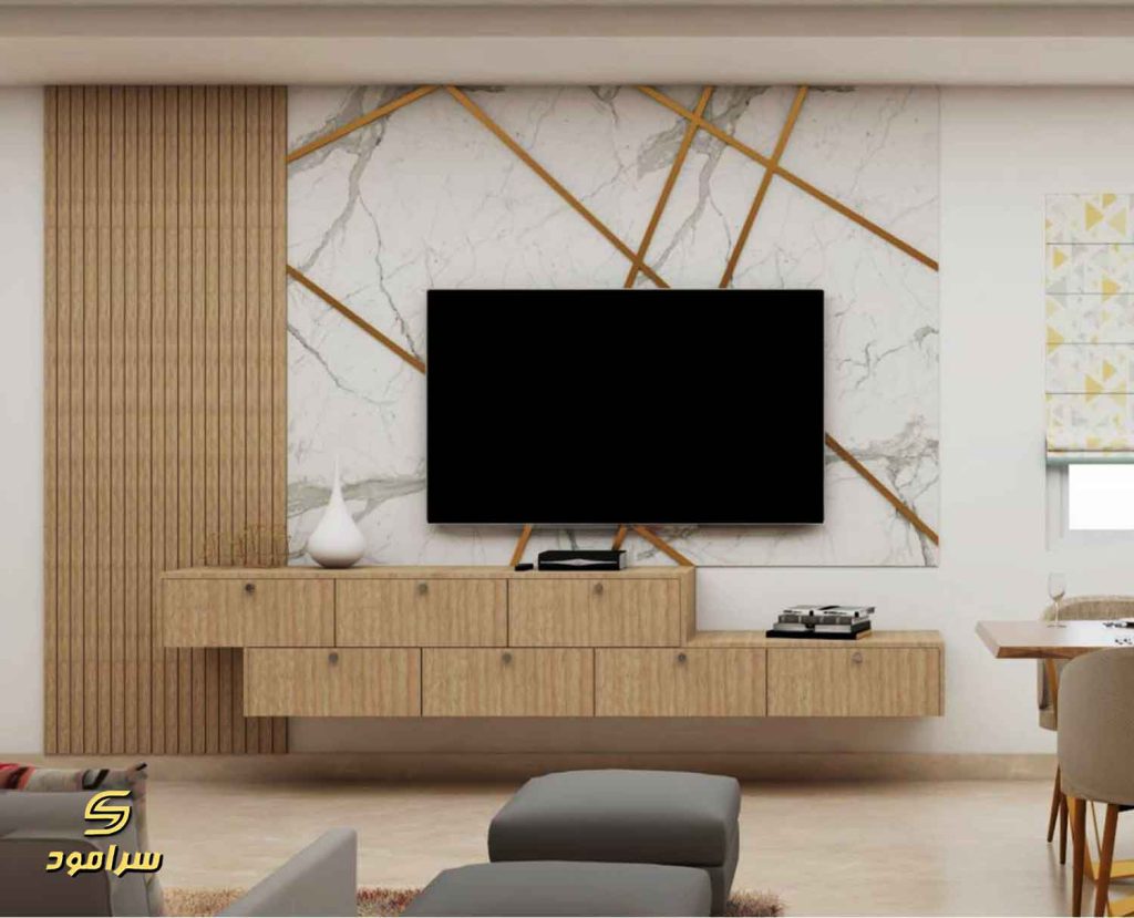 طراحی دیوار پشت تلویزیون با ماربل شیت